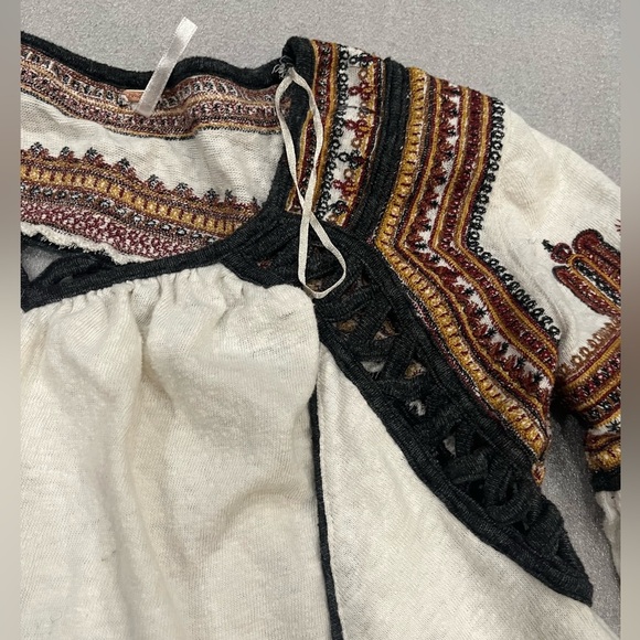 [S]Free People Blouse Snow Kisses with Embroidery Boho White Black Eyelets - Picture 5 of 12